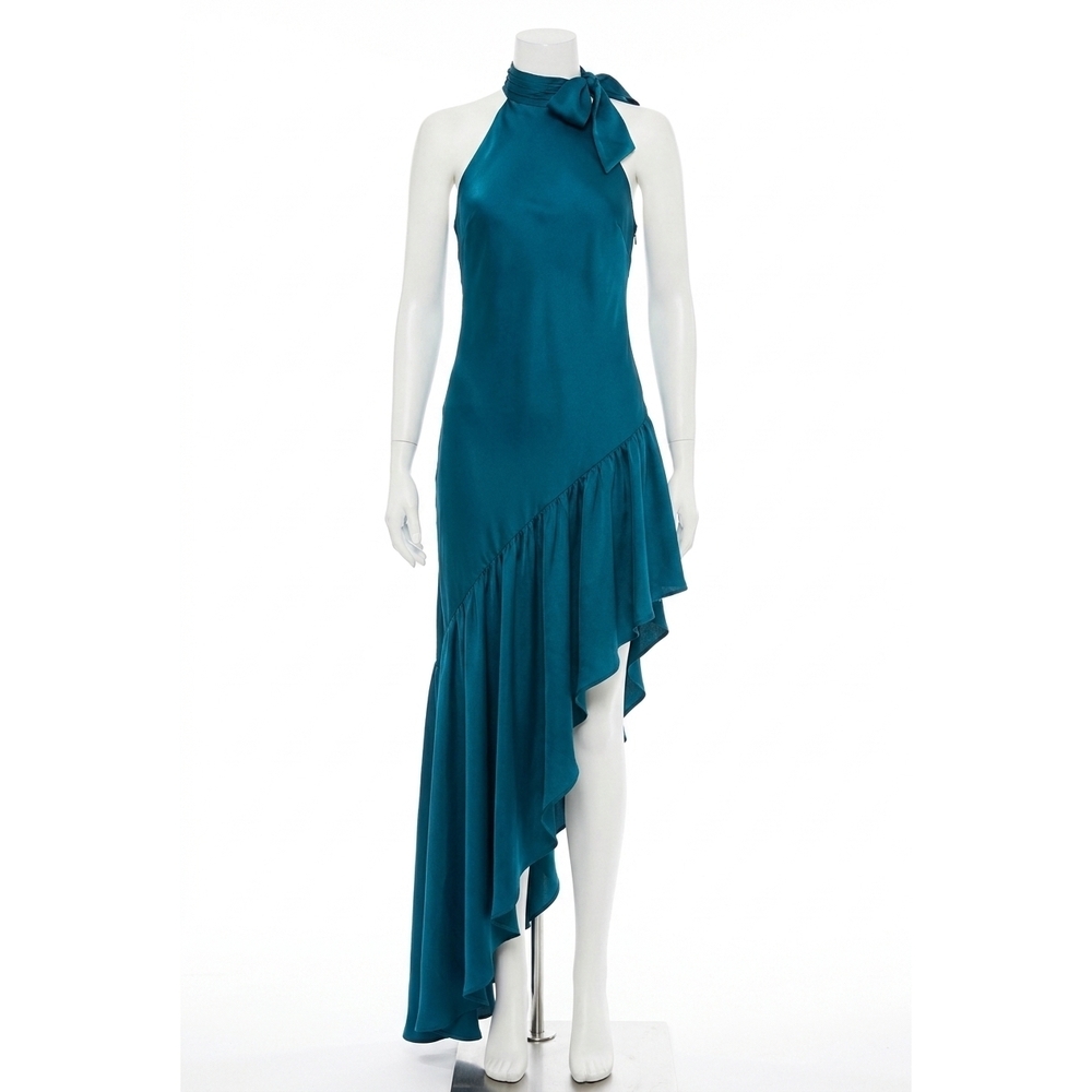 NEW MAC DUGGAL halter neck asymmetric ruffle dress in teal